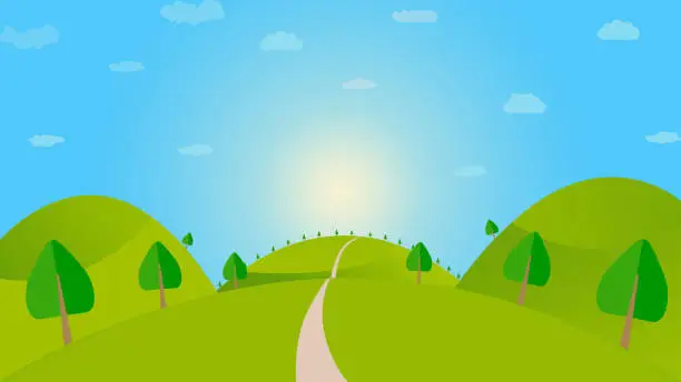 Vector illustration of Illustration of a cartoon country road leading to the mountains, set against a backdrop of either spring or summer, perfect for vacation, travel, and seasonal holiday themes.