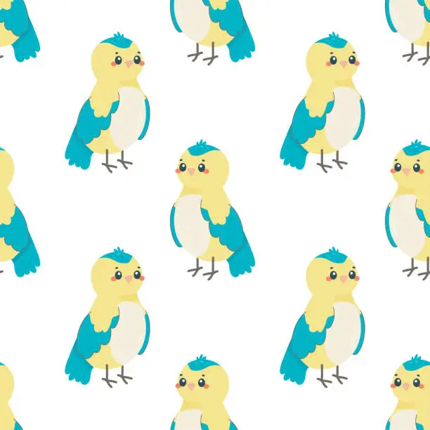 Vector illustration of Seamless pattern with bird tit, on white background, children's pattern, for fabric, wrapping paper, wallpaper