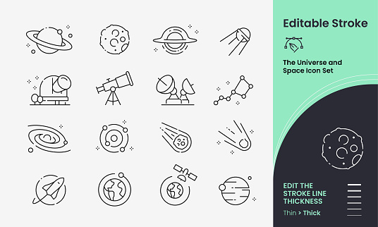 Space and The Universe Icon collection containing 16 editable stroke icons. Perfect for logos, stats and infographics. Edit the thickness of the line in any vector capable app.