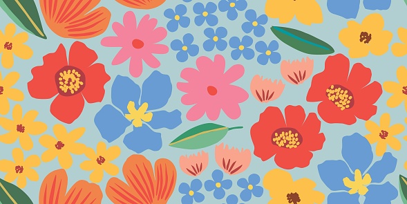 Exotic Hand drawn flowers, seamless patterns with coloful floral for fabric, textiles, clothing, wallpaper, wall art, poster, banner, home decor, natural abstract backgrounds. vector illustration.