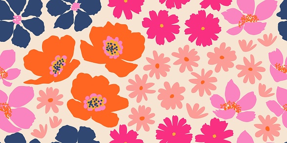 Exotic Hand drawn flowers, seamless patterns with coloful floral for fabric, textiles, clothing, wallpaper, wall art, poster, banner, home decor, natural abstract backgrounds. vector illustration.
