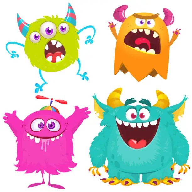 Vector illustration of Funny cartoon monsters with different face expressions. Set of cartoon vector happy monsters characters. Halloween design for party decoration,  package design