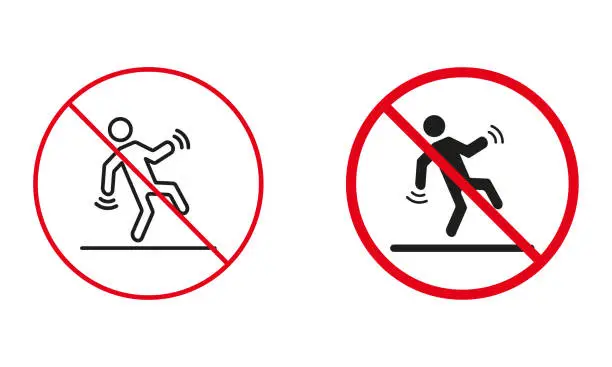 Vector illustration of Slippery Floor Warning Sign Set. Caution Danger Wet Surface Line and Silhouette Icons. Beware Accident Symbol, Fall Risk Attention Sign. Isolated Vector Illustration