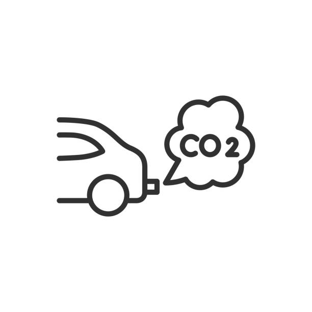 自動車からの二酸化炭素排出量、線形アイコン。内燃機関からの排気。雲とco2。 編集可能なストロークの線 - footprint carbon environment city点のイラスト素材／クリップアート素材／マンガ素材／アイコン素材