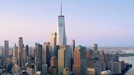 Aerial view of One World Trade Centre surrounding with downtown Manhattan Skyscrapers and Hudson River, New York City, New York State, USA.