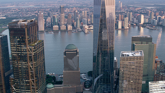 Aerial view of One World Trade Centre surrounding with downtown Manhattan Skyscrapers and Hudson River, New York City, New York State, USA.