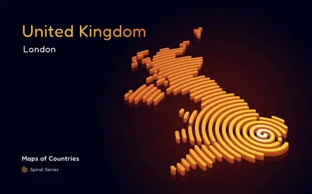 Vector illustration of 3D Gold Vector Map of United Kingdom a Circle Spiral Pattern with a Capital of London.