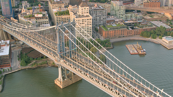 Aerial view of Manhattan Bridge over East River in New York City, New York State, USA.