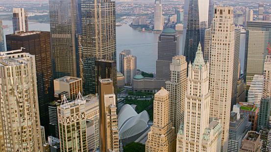 Aerial view of skyscraper buildings in New York City, New York State, USA.