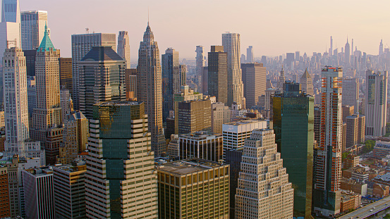 Aerial view of modern skyscraper building in Lower Manhattan, New York City, New York State, USA.