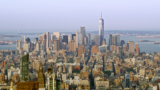 Aerial view of One World Trade Center surrounded by modern skyscraper in New York City, New York State, USA.