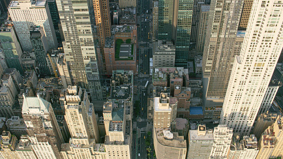 Aerial view of financial buildings in New York City, New York State, USA.