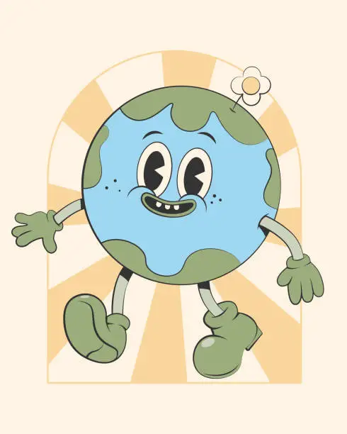 Vector illustration of Happy cute Earth planet character.Simple retro cartoon mascot for poster, banner, graphic print.Y2k groovy earth day, Save green planet and ecology concept. Vector illustration EPS 10