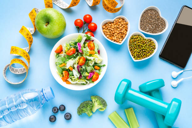 istock Healthy food and exercising background. 2086017615