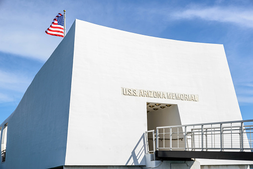 Honolulu, United States – March 04, 2024: View of the USS Arizona Memorial from a unique angle