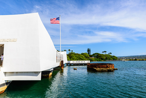 Honolulu, United States – March 05, 2024: The View of the USS Arizona Memorial from a unique angle