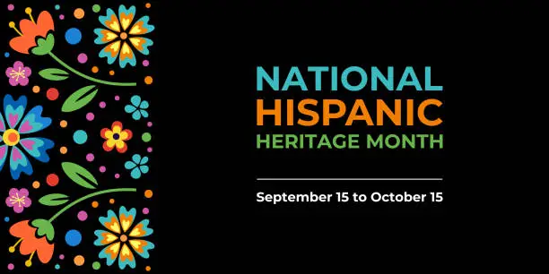 Vector illustration of Hispanic heritage month. Vector web banner, poster, card for social media, networks. Greeting with national Hispanic heritage month text, ornament on black background with red, yellow color.