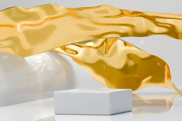 istock White podium scene with golden fabric folds 2086102965