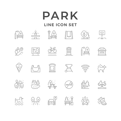 Set line icons of park isolated on white. Lake, duck, picnic, fountain, skate ramp, fountain, bench, forest, walking path Vector illustration