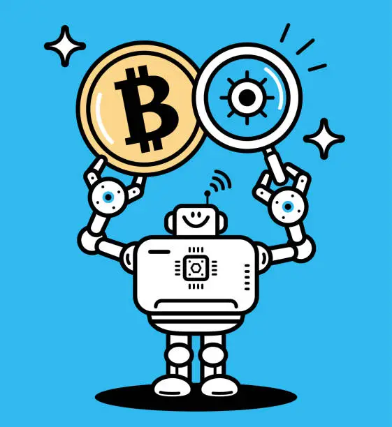 Vector illustration of An Artificial Intelligence Robot examines the gold Bitcoin with a magnifying glass