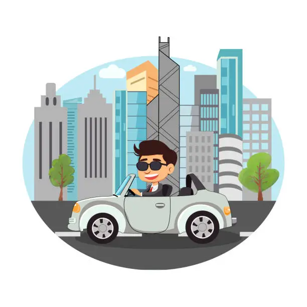 Vector illustration of Smiling Business man driving car with city urban background.