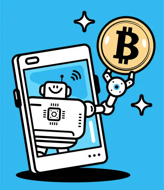 Vector illustration of An AI chatbot assistant gives Bitcoin from a smartphone screen