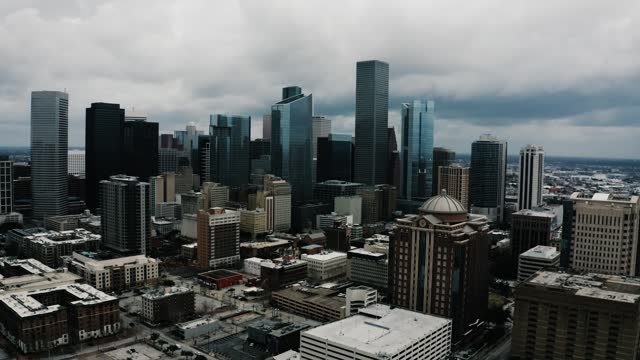 Drone shot soaring towards the Houston, Texas downtown district.
