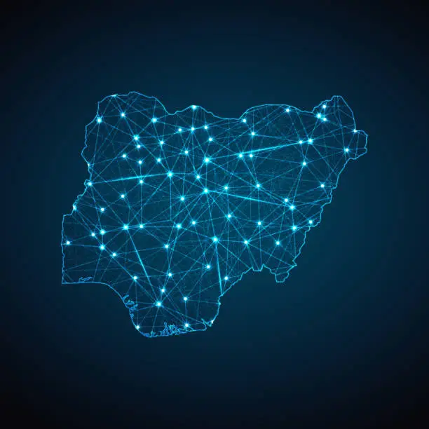 Vector illustration of Nigeria map geometric mesh polygonal light. Business wireframe mesh spheres from flying debris blue structure style