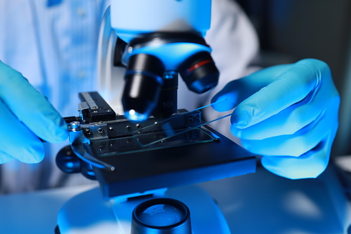 A talented scientist sits in his lab while using a microscope to look for microscopic organisms in a test sample, microscope It is used by researchers to find new medicines to treat people.