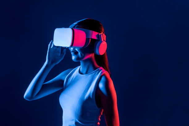 istock Elegant female connect metaverse looking generated virtual area. Hallucination. 2086174144