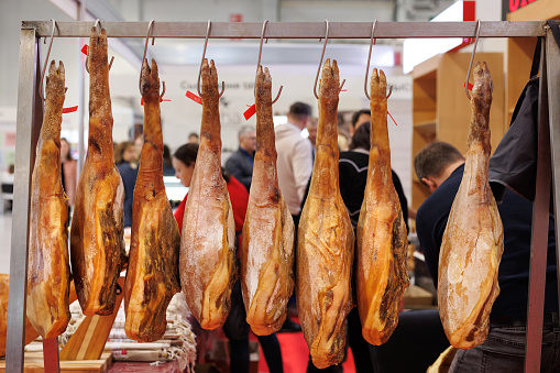 salvador, bahia, brazil - april 30, 2022: smoked meat for sale on display at a stall at the Sao Joaquim fair in the city of Salvador.