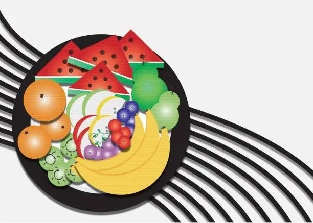 Vector illustration of Geometric style - food - nutritious and delicious plate of fruits-aerial view-with copy space