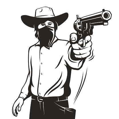 Cowboy with a wide-brimmed hat draws his revolver, ready for a duel in a classic Wild West scene. Vector retro illustration
