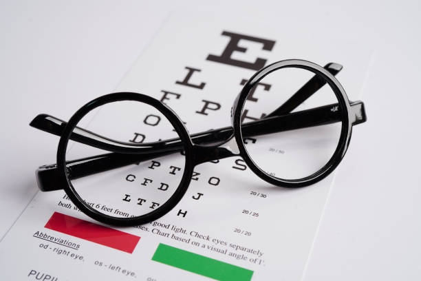 istock Glasses on eye exam chart to test eyesight accuracy of reading. 2086178384