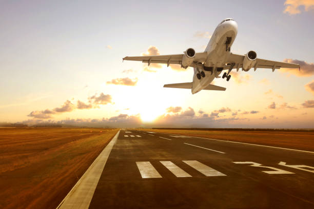istock Passenger airplane landing at sunset 2086180018