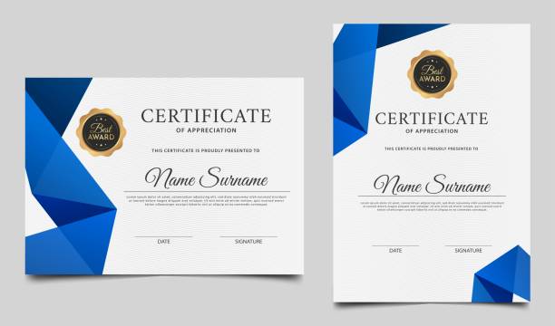 illustrations, cliparts, dessins animés et icônes de modèle de certificat d’appréciation bleu moderne. modèle de bordure de certificat avec badge doré. conception vectorielle de diplôme d’attribution - certificat