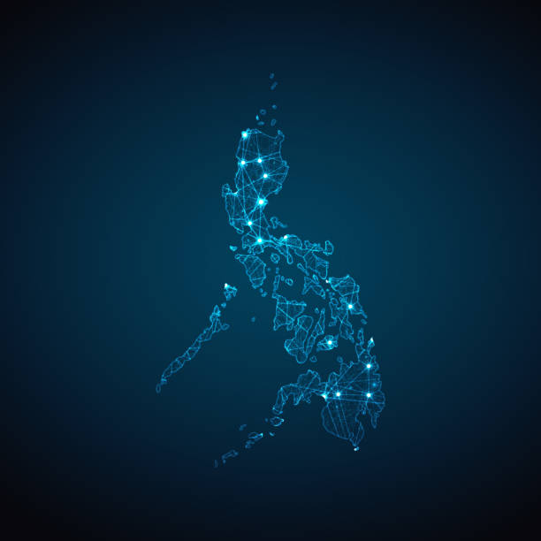 ilustrações, clipart, desenhos animados e ícones de filipinas mapa geométrico malha luz poligonal. esferas de malha wireframe de negócios do estilo de estrutura azul de detritos voadores - philippines map manila philippines flag