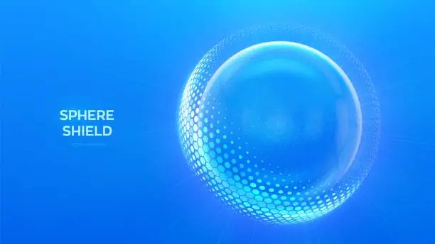 Vector illustration of Glass transparent protection sphere shield. Sphere shield with hexagon pattern on blue background. Bubble shield in the form of a force energy field. Protection and safety concept. Vector illustration