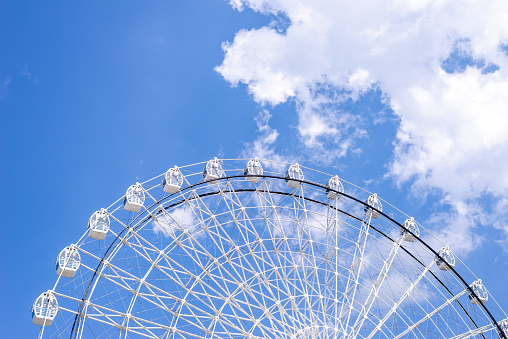 Top of ferris wheel in white color against summer blue sky, in Vrnjacka Banja, Serbia - with large copy space