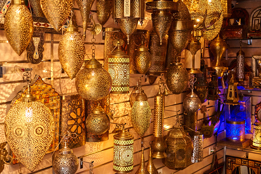 Traditional Moroccan lamps souvenir shop in Fez, Morocco, North Africa.