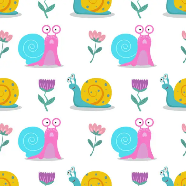 Vector illustration of Seamless pattern with snails and flowers. Cute vector illustration with snail flowers for children's postcards, wallpapers, packaging.