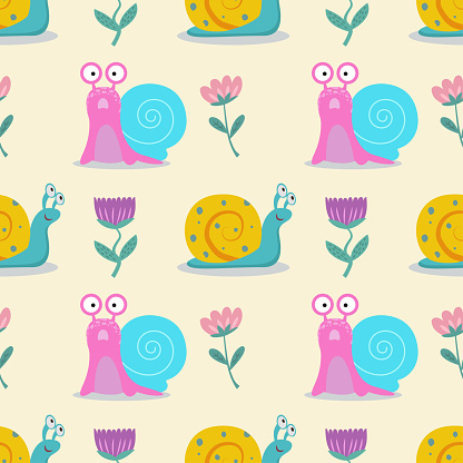 Seamless pattern with snails and flowers. Cute vector illustration with snail flowers for children's postcards, wallpapers, packaging.