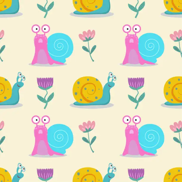 Vector illustration of Seamless pattern with snails and flowers. Cute vector illustration with snail flowers for children's postcards, wallpapers, packaging.