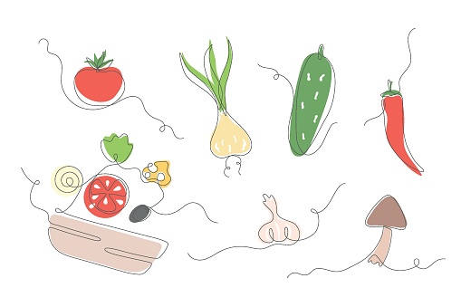 Line fresh vegetables, salad. Hand drawn monoline vector illustrations for heathy menu, diet