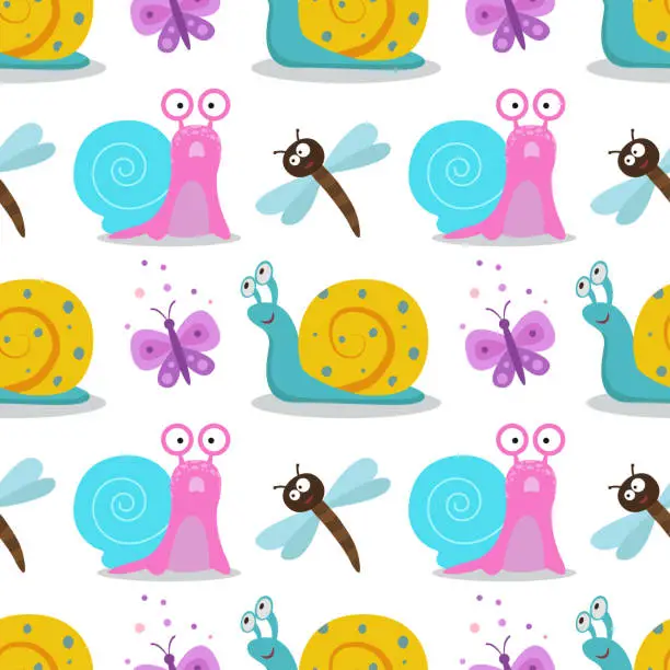 Vector illustration of Seamless pattern with snails, dragonflies and butterflies. Cute illustrations with snails, dragonflies, butterflies for children's postcards, wallpapers, packaging.