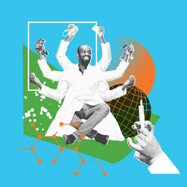 istock Joyful medical scientist, doctor with lab equipment and molecular model on global backdrop. Contemporary art collage. Medical research. 2086225690