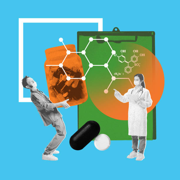 istock Man holding pill bottle, while woman, scientist working on chemical structure. Contemporary art collage. 2086226063