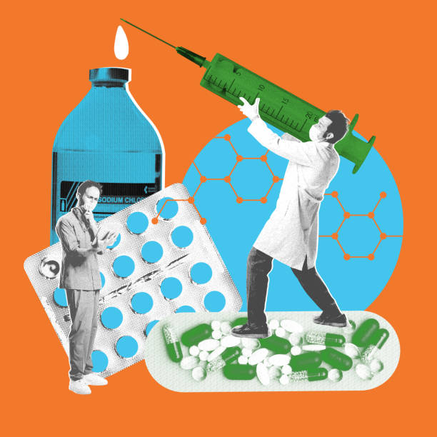 Healthcare worker with syringe, pills, saline solution and molecule. Contemporary art collage. Taking care after health with proper meds