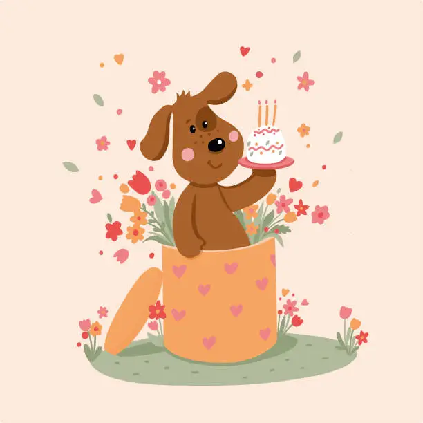 Vector illustration of greeting card with a puppy holding a birthday cake