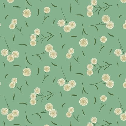 Seamless ditsy pattern of cute wispy wildflowers on green background. Romantic spring dandelion design print for textiles and paper.
